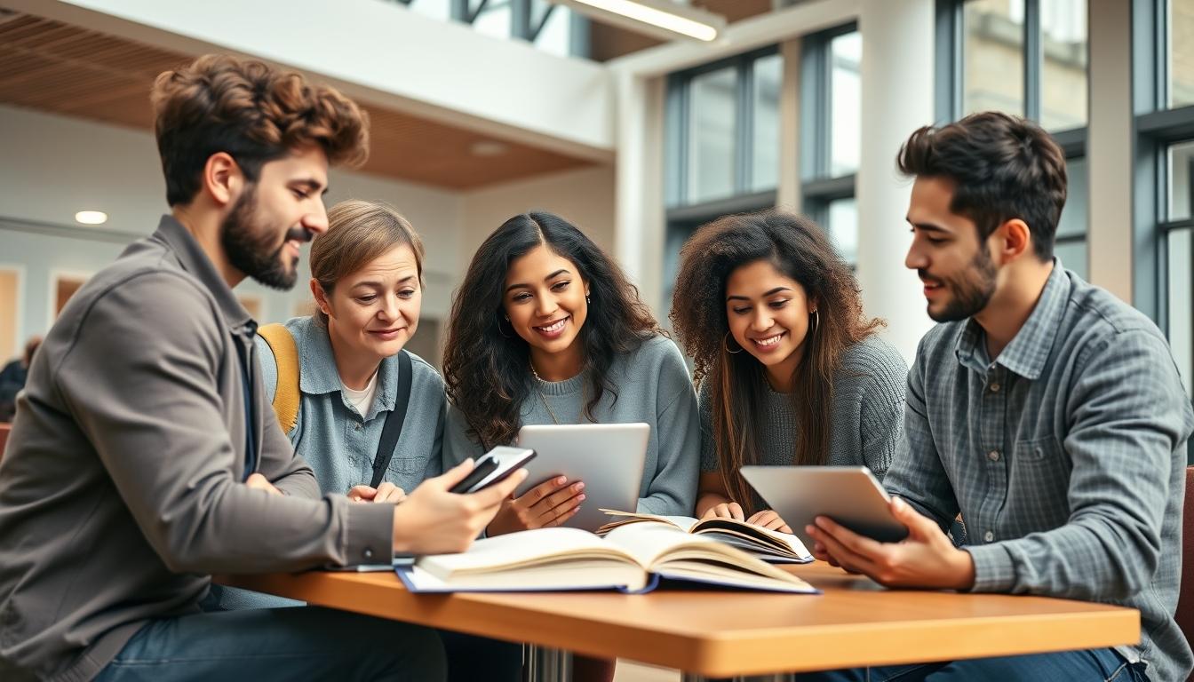 Students studying together in modern classroom